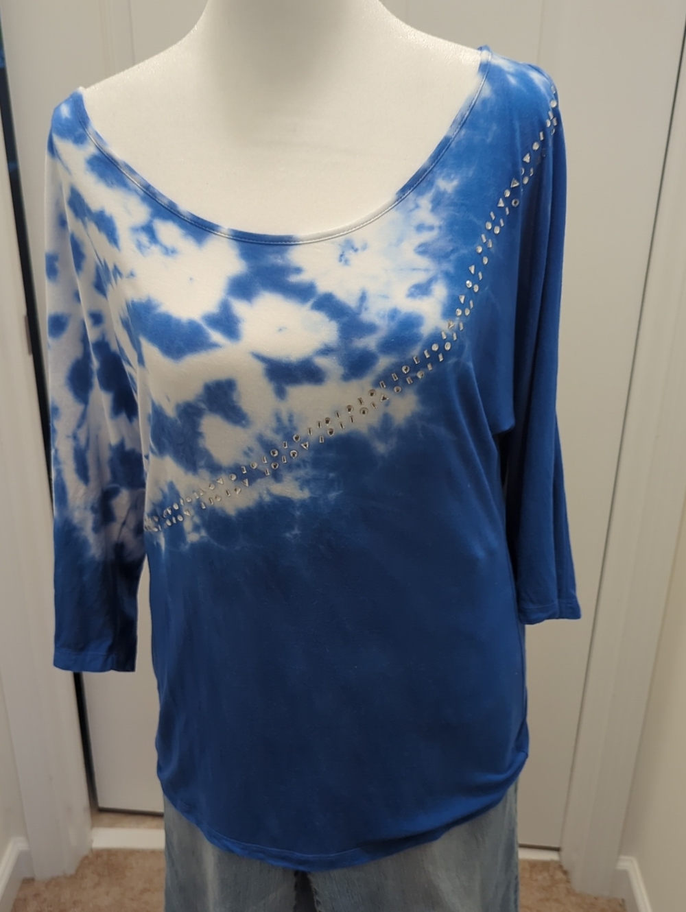 INC International Concepts Blue and White Tie-Dye Studded Tunic